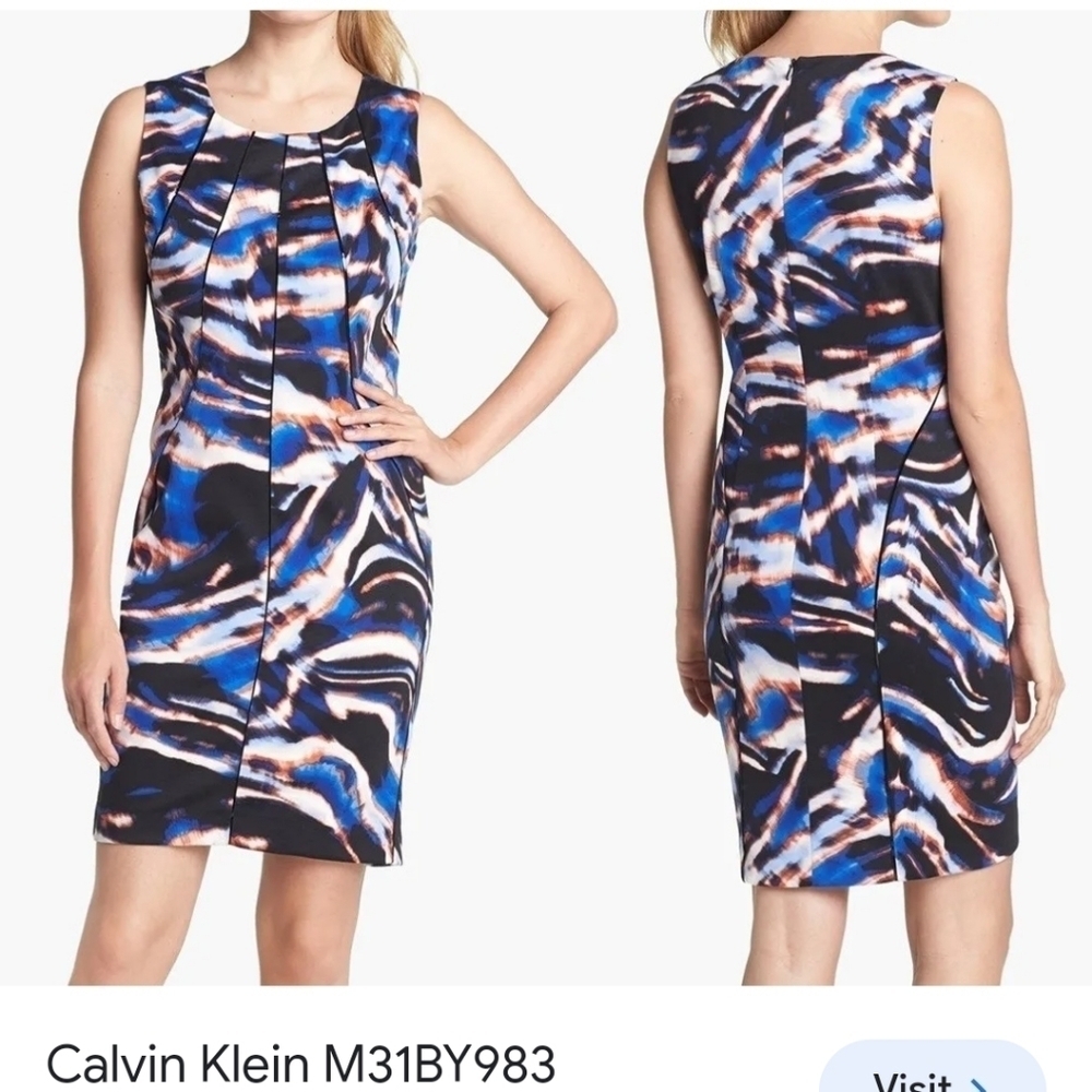 Calvin Klein sz 10 sleeveless faux leather detail dress orange blue black